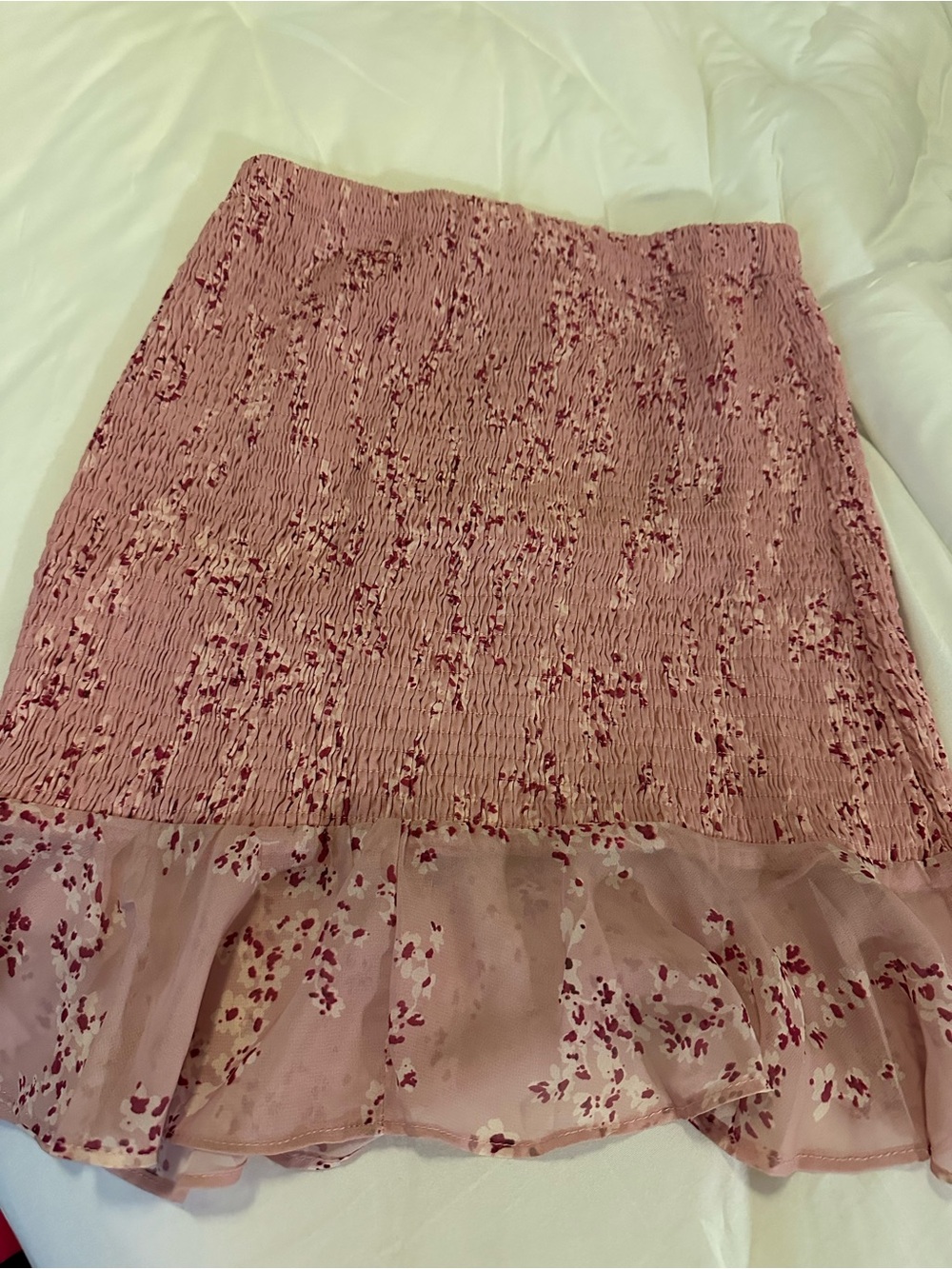 Smocked Rose Pink Mini Skirt with Floral Ruffle Hem